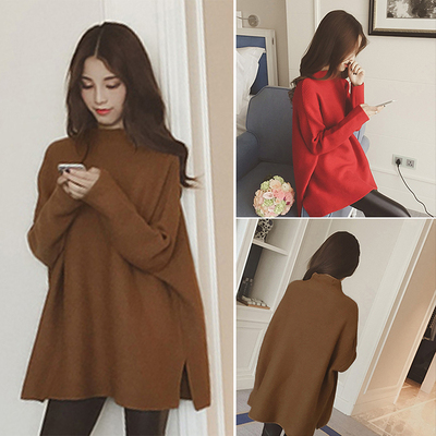 2015冬装新款女韩版下摆开叉半高领毛衣宽松套头中长款长袖打底衫