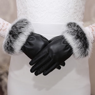 女士皮手套可爱兔毛口秋冬季 时尚女士短款保暖加绒加厚手套女式