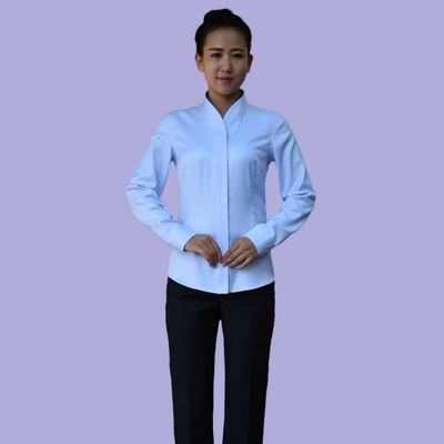 建设银行工作服女衬衫单位制服长袖开衫白领职业装浅蓝色斜纹V领
