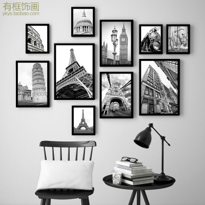 欧美著名建筑风景有框挂画现代客厅装饰画黑白复古咖啡厅墙画壁画