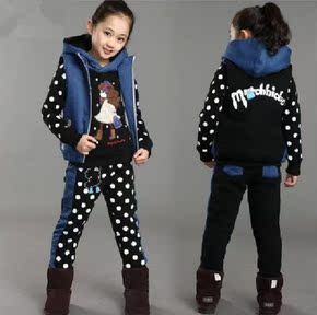童装女童套装 加厚2015新款儿童套装秋冬季韩版牛仔卫衣三件套