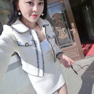 新款韩版小香风羊毛呢套装短裙长袖包臀2016春秋女装两件套连衣裙