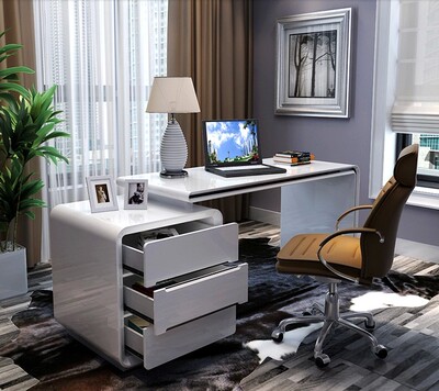电脑桌椅白色烤漆 客厅酒店办公室书桌 卧室书房学习桌 3门抽屉柜