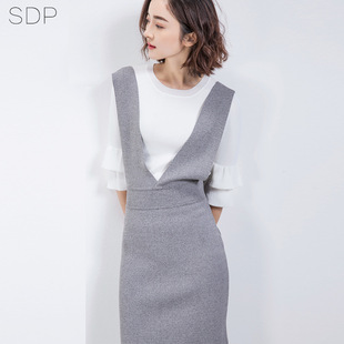 2016秋季新款韩版时尚针织背带裙修身纯色套头中长款高腰连衣裙女