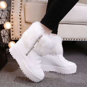 2015冬季新款雪地靴平底高跟内增高休闲女短靴加绒兔毛厚底短筒靴