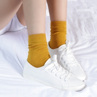 四季款基础打底袜女士纯色中筒棉袜韩国复古全棉堆堆袜糖果色短袜