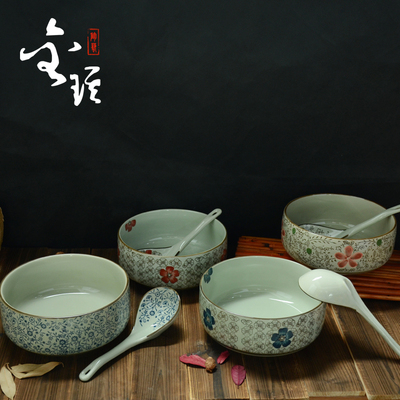 新品两件套日式和风釉下彩手绘陶瓷 8英寸拉面碗 大汤碗配大勺