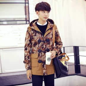 2015冬季新款男士时尚毛呢大衣韩版修身学生青年迷彩中长款外套潮