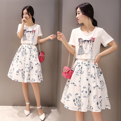 2015夏装新款韩版圆领雪纺印花欧根纱套装裙女两件套连衣裙夏中裙