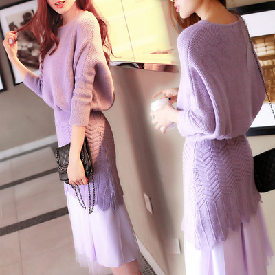 韩国代购2015秋装新款女装中长款两件套蝙蝠袖毛衣连衣裙针织长裙