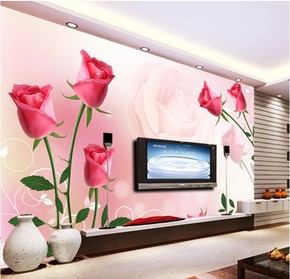 3d大型壁画壁纸墙纸电视背景客厅卧室婚庆壁画花卉红玫瑰立体壁画