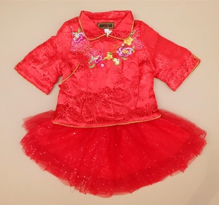 儿童冬季夹棉缎面绣花格格服套裙1-2-3周岁宝宝旗袍纱裙新年衣服