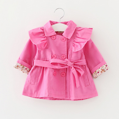 女童秋季纯棉荷叶肩风衣外套1-2-3岁半韩版双排扣开衫上衣糖果色