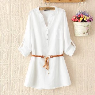 2016春夏新款V领女式衬衣韩版修身中长款棉麻长袖衬衫女白打底衫