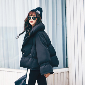 2015冬季新款女装韩版时尚喇叭袖宽松面包款棉衣立体感前短后长女