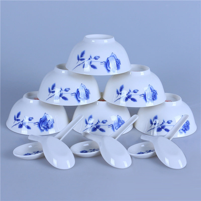 德化陶瓷 4.5寸12头蓝玫瑰中餐具套装  简约淡雅（6碗入）