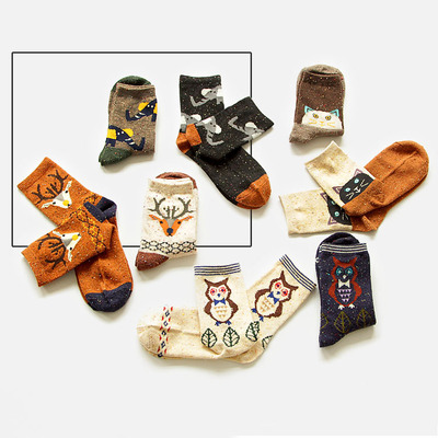新品 日系小鹿猫咪卡通动物系列点子纱女羊毛袜 猫头鹰小象保暖袜