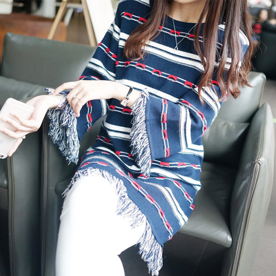 2423实拍2015韩版秋冬新款女装横条针织衫流苏款下摆48