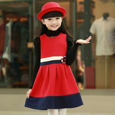 2014韩版秋冬款童装 中大女童时尚拼接无袖羊毛呢子打底背心裙