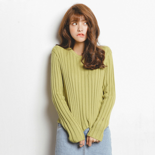 韩国代购2015秋冬新款 女式全棉纯色针织衫 圆领套头长袖毛衣女