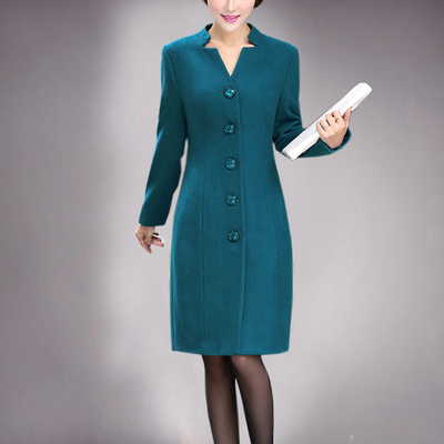 2014秋冬新款女装 时尚OL 羊毛呢前扣修身长袖连衣裙 有特大码