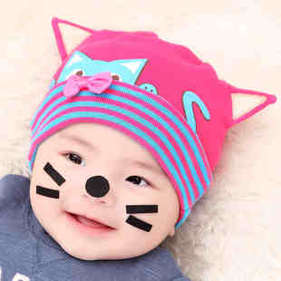 婴儿帽子女秋冬天保暖针织帽 韩版卡通小猫宝宝套头护耳帽男
