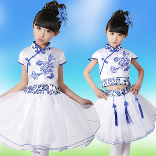 儿童青花瓷演出服装女孩舞蹈服装公主裙蓬蓬裙儿童古筝表演服新款