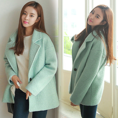 2015冬女装韩国新款一粒扣羊毛呢子大衣宽松显瘦外套加厚保暖风衣