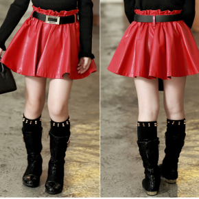 2015秋冬款童装中大童女童儿童PU皮裙短裙荷叶伞裙半身裙红色黑色