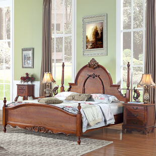 艾莉尔家具 欧式实木床 美式床 双人实木床雕刻1.8米 深色木床