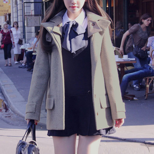 2015秋冬新品女装韩版呢子大衣连帽学院风短款长袖学生毛呢外套潮
