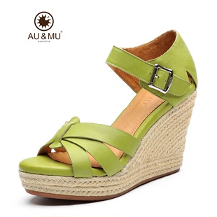 2015夏季新款AUMU真皮鱼嘴凉鞋厚底坡跟女鞋时尚甜美高跟鞋J5521