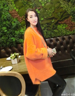 韩国代购2015秋冬装新款蝙蝠袖宽松套头高领中长款貂绒毛衣外套女