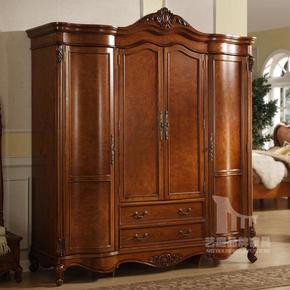 美式衣柜实木雕花欧式古典家具四门大衣柜组合简易组装衣橱储物柜