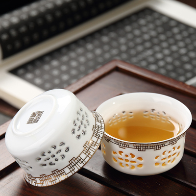 景德镇镂空玲珑薄胎青花瓷茶杯 透光单杯陶瓷功夫茶具个人品茗杯