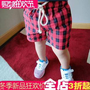 2015夏季新款韩版复古黑红格子格纹夏款短裤 休闲沙滩裤男女宝宝