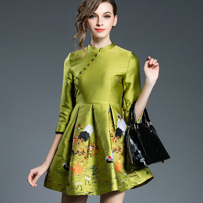 2016春时尚新款古典风印花修身显瘦气质连衣裙