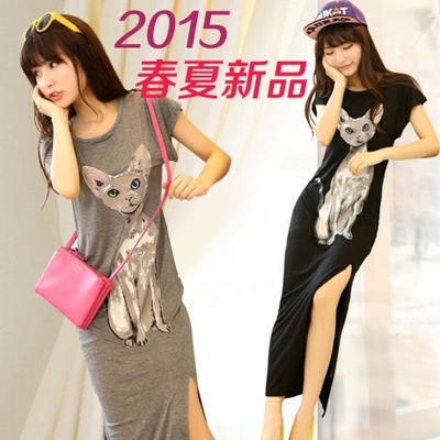 2015夏季新款猫咪背心裙韩版修身短袖中长款长裙打底莫代尔连衣裙