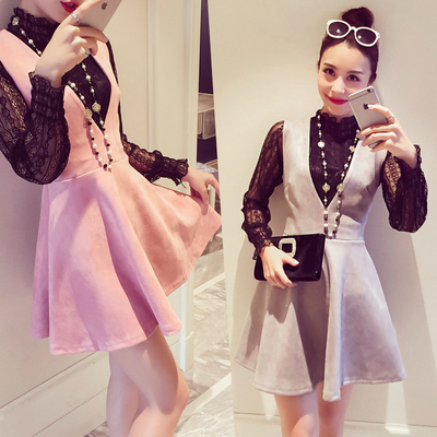 2016春装韩版长袖蕾丝打底衫修身显瘦皮绒蓬蓬连衣裙两件套短裙