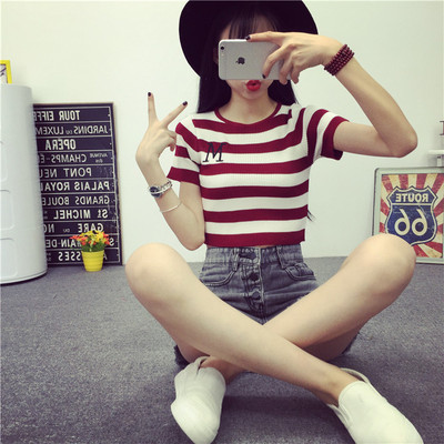 韩国韩版女装螺纹条纹露脐短款高腰针织衫紧身打底短袖T恤上衣女