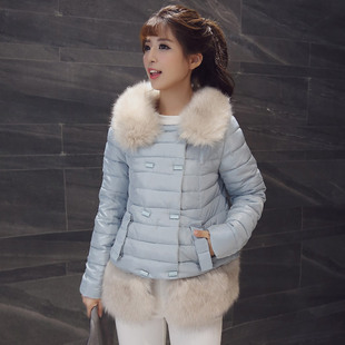 2015冬装新款 韩版时尚棉衣 短款外套 兔毛领棉服大码棉袄女上衣