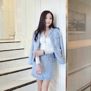 MAKAYLA 独家定制 韩国修身蓝色小香风羊毛呢粗呢套裙套装