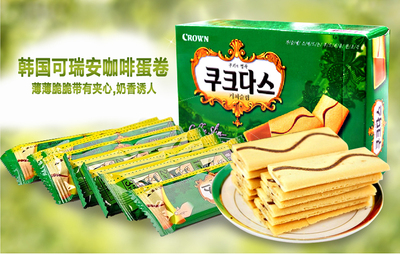 韩国进口零食品可瑞安蛋卷零食crown可拉奥奶油咖啡夹心饼干72g
