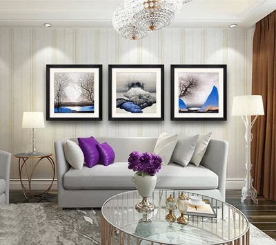 翰墨装饰画沙发客厅卧室现代三联卡纸有框挂画美式风景壁画静夜图