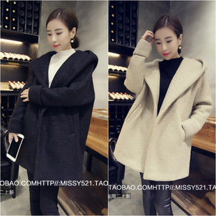 蘑菇街潮2015冬天女装新款韩版修身中长夹棉连帽呢子外套毛呢大衣