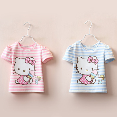 童装一件代发夏款韩版女童条纹kitty猫图案上衣中小童纯棉短袖t恤