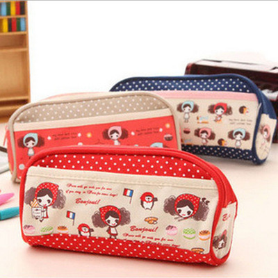 可爱普拉女孩笔袋文具盒韩国文具大容量简约帆布创意双开铅笔袋