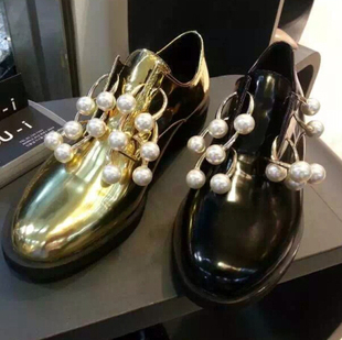 韩国女鞋东大门正品代购2015秋季新款金属色珍珠英伦低跟低帮单鞋