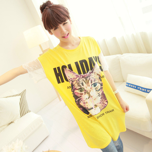 #3257 2014CHUVIVI韩版夏装新款甜美猫咪字母印花蕾丝短袖T恤上衣