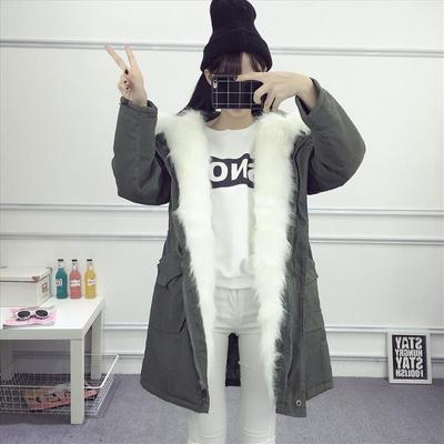 2016冬季新款韩版超大白毛毛加厚保暖中长款棉衣外套女